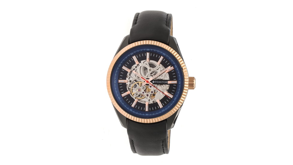 Heritor Automatic Desmond Skeleton Dial Leather-Band Watch, Black/Black HERHR6605