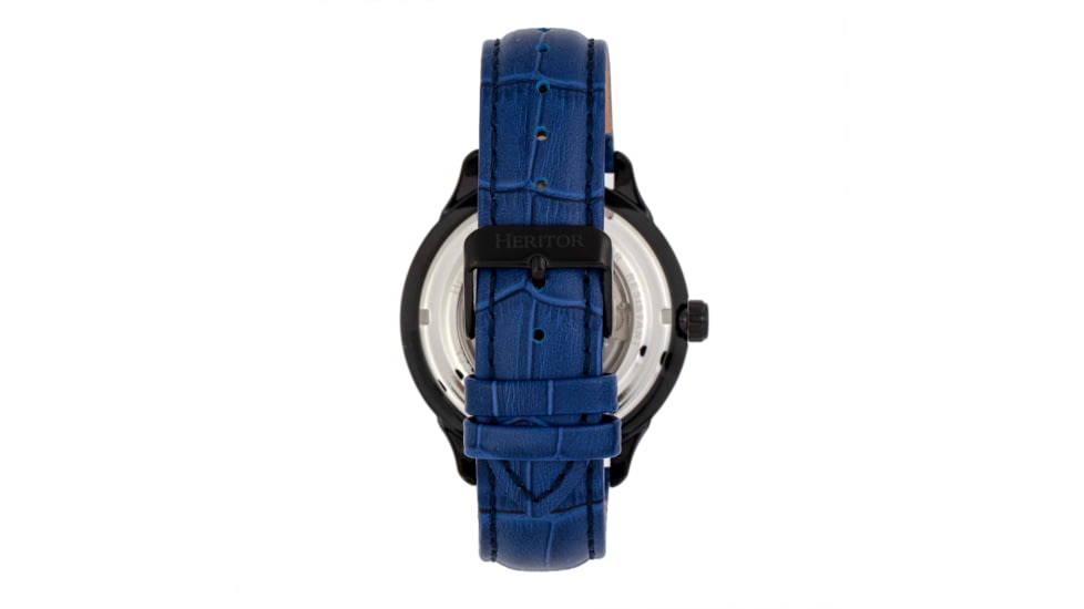 Heritor Automatic Harding Semi-Skeleton Leather-Band Watch, Black/Blue, One Size, HERHR9005