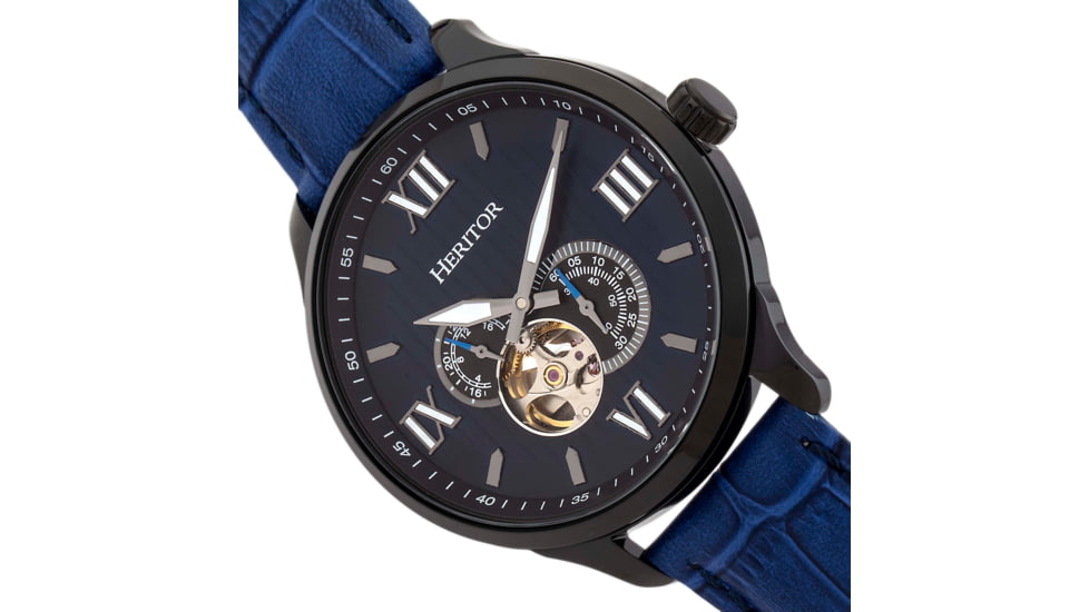 Heritor Automatic Harding Semi-Skeleton Leather-Band Watch, Black/Blue, One Size, HERHR9005