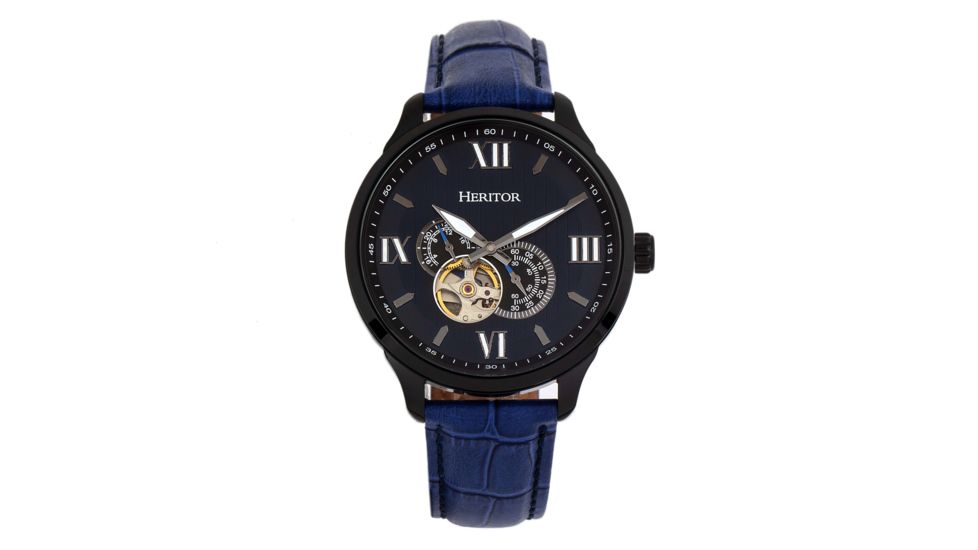 Heritor Automatic Harding Semi-Skeleton Leather-Band Watch, Black/Blue, One Size, HERHR9005