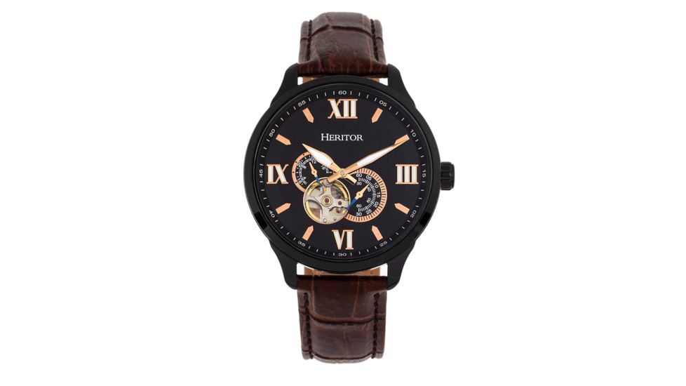 Heritor Automatic Harding Semi-Skeleton Leather-Band Watch, Black, One Size, HERHR9006