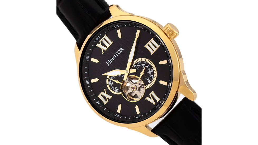 Heritor Automatic Harding Semi-Skeleton Leather-Band Watch, Gold/Black, One Size, HERHR9004