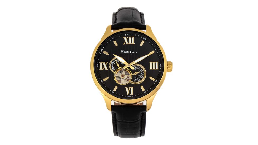 Heritor Automatic Harding Semi-Skeleton Leather-Band Watch, Gold/Black, One Size, HERHR9004