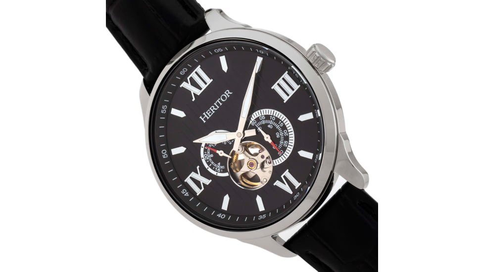 Heritor Automatic Harding Semi-Skeleton Leather-Band Watch, Silver/Black, One Size, HERHR9002