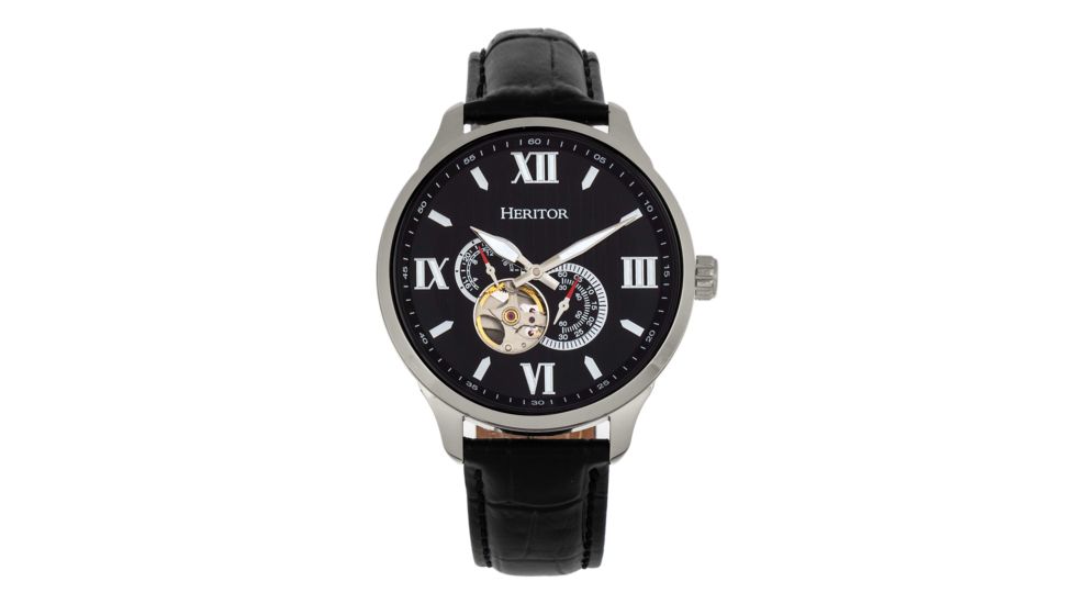Heritor Automatic Harding Semi-Skeleton Leather-Band Watch, Silver/Black, One Size, HERHR9002