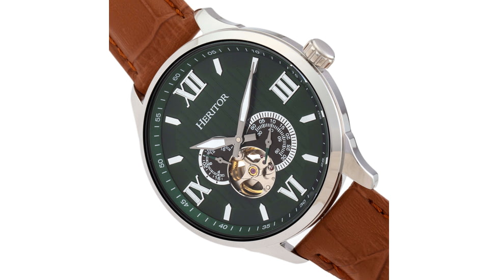 Heritor Automatic Harding Semi-Skeleton Leather-Band Watch, Silver/Green, One Size, HERHR9003