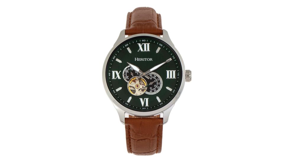 Heritor Automatic Harding Semi-Skeleton Leather-Band Watch, Silver/Green, One Size, HERHR9003