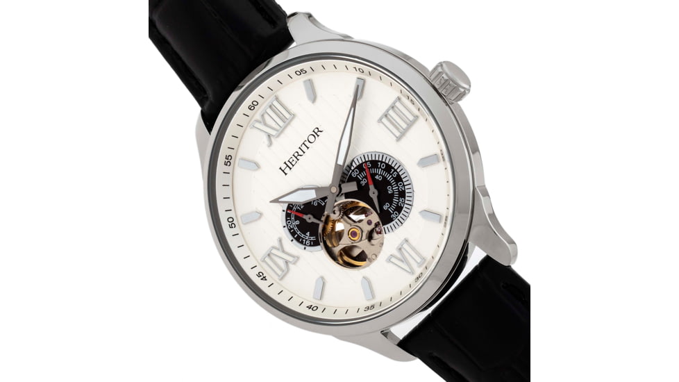 Heritor Automatic Harding Semi-Skeleton Leather-Band Watch, Silver/White, One Size, HERHR9001