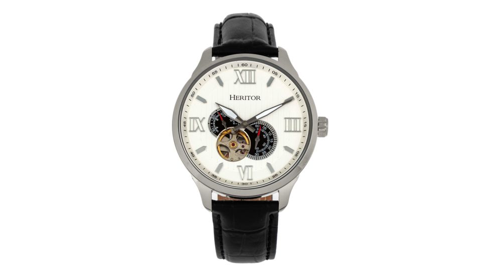 Heritor Automatic Harding Semi-Skeleton Leather-Band Watch, Silver/White, One Size, HERHR9001