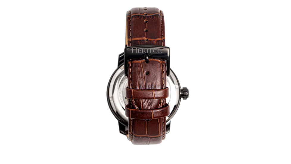 Heritor Automatic Maxim Semi-Skeleton Leather-Band Watch, Black/Brown, One Size, HERHR8605
