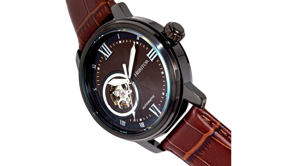 Heritor Automatic Maxim Semi-Skeleton Leather-Band Watch, Black/Brown, One Size, HERHR8605