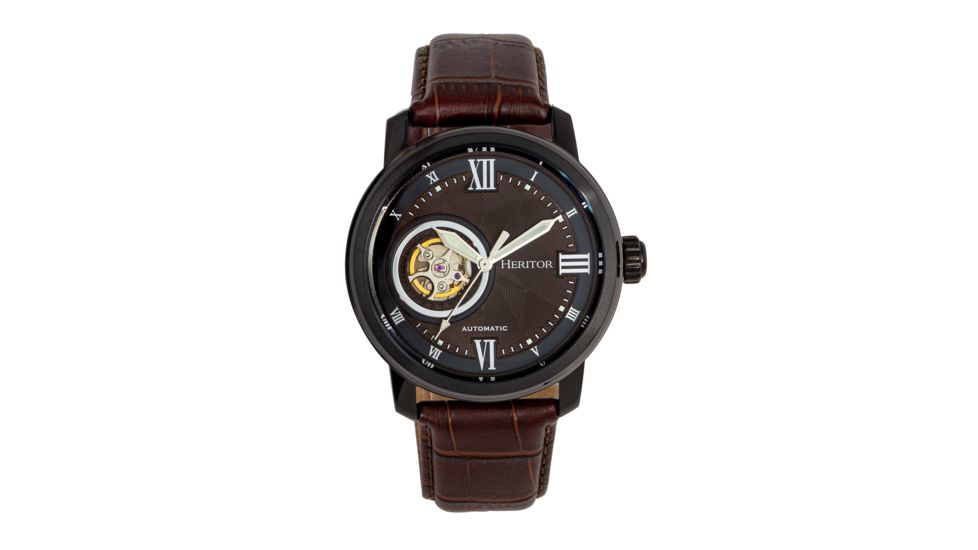 Heritor Automatic Maxim Semi-Skeleton Leather-Band Watch, Black/Brown, One Size, HERHR8605