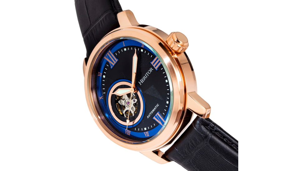 Heritor Automatic Maxim Semi-Skeleton Leather-Band Watch, Rose Gold/Black, One Size, HERHR8604