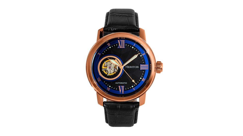 Heritor Automatic Maxim Semi-Skeleton Leather-Band Watch, Rose Gold/Black, One Size, HERHR8604