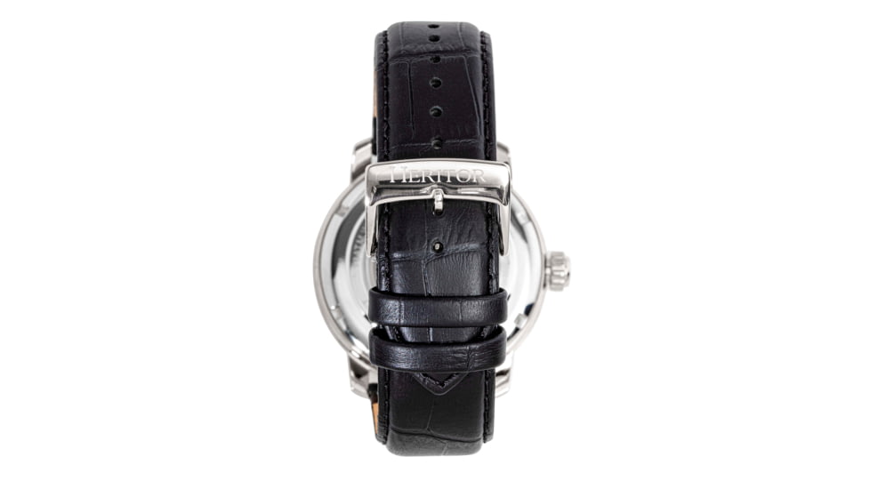 Heritor Automatic Maxim Semi-Skeleton Leather-Band Watch, Silver/Black, One Size, HERHR8602