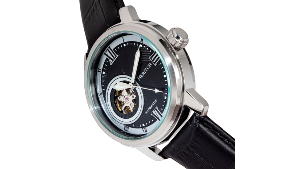 Heritor Automatic Maxim Semi-Skeleton Leather-Band Watch, Silver/Black, One Size, HERHR8602