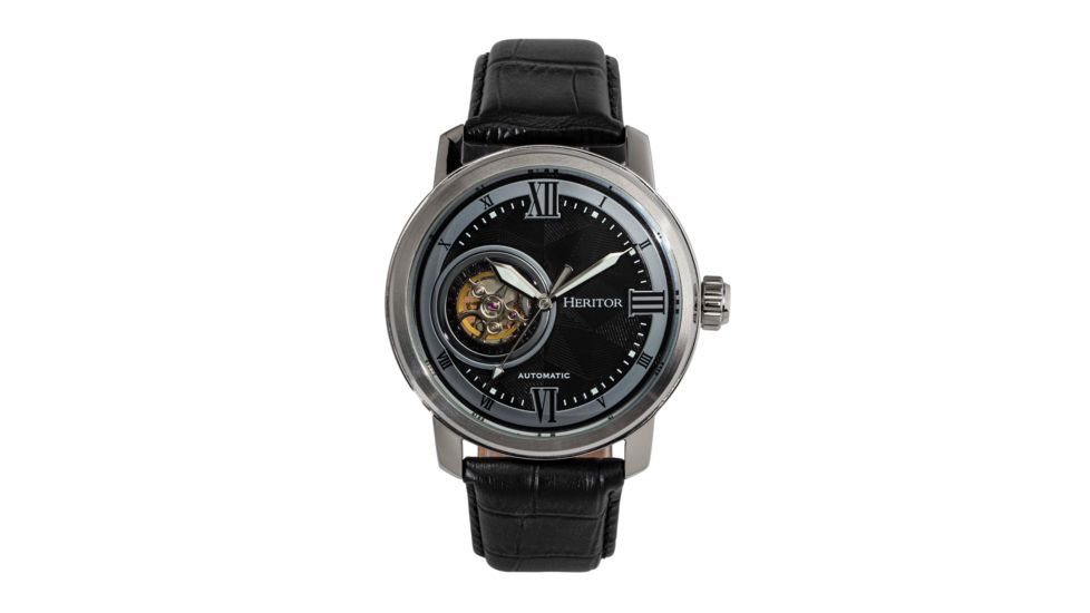 Heritor Automatic Maxim Semi-Skeleton Leather-Band Watch, Silver/Black, One Size, HERHR8602