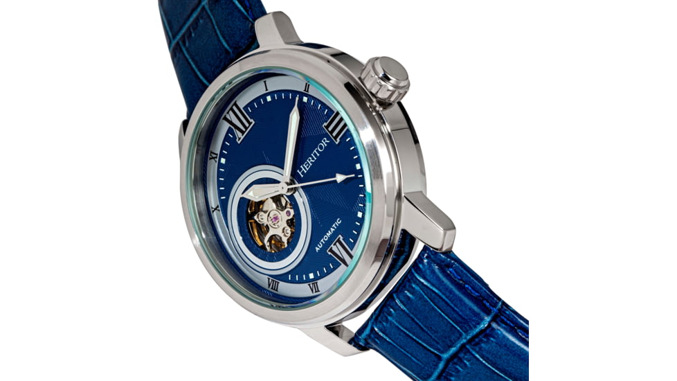 Heritor Automatic Maxim Semi-Skeleton Leather-Band Watch, Silver/Blue, One Size, HERHR8603