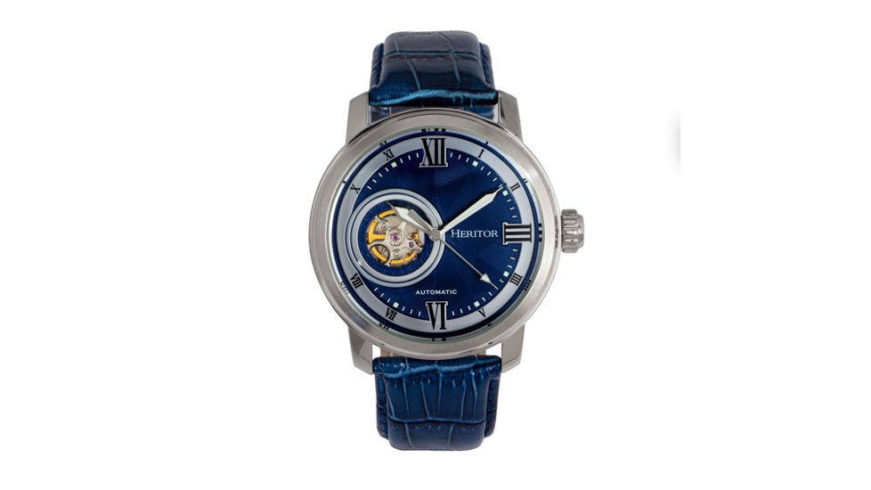 Heritor Automatic Maxim Semi-Skeleton Leather-Band Watch, Silver/Blue, One Size, HERHR8603