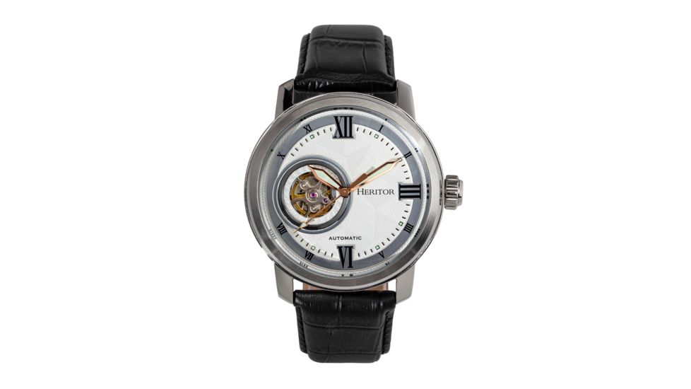 Heritor Automatic Maxim Semi-Skeleton Leather-Band Watch, Silver, One Size, HERHR8601
