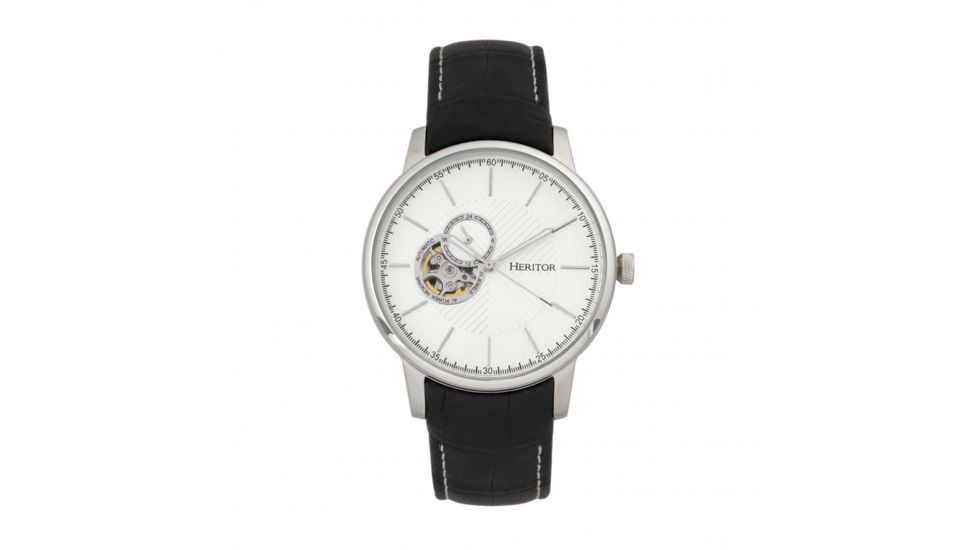 Heritor Automatic Landon Semi-Skeleton Leather-Band Watch, Silver, HERHR7701