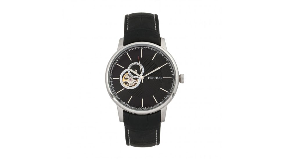 Heritor Automatic Landon Semi-Skeleton Leather-Band Watch, Silver/Black, HERHR7702