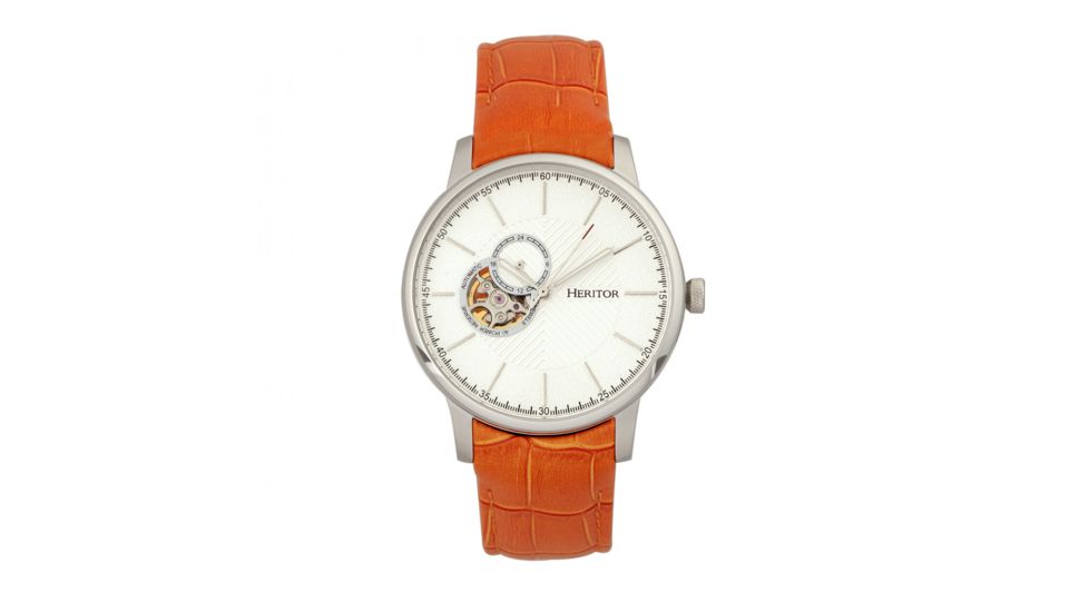 Heritor Automatic Landon Semi-Skeleton Leather-Band Watch, Silver/Orange, HERHR7703
