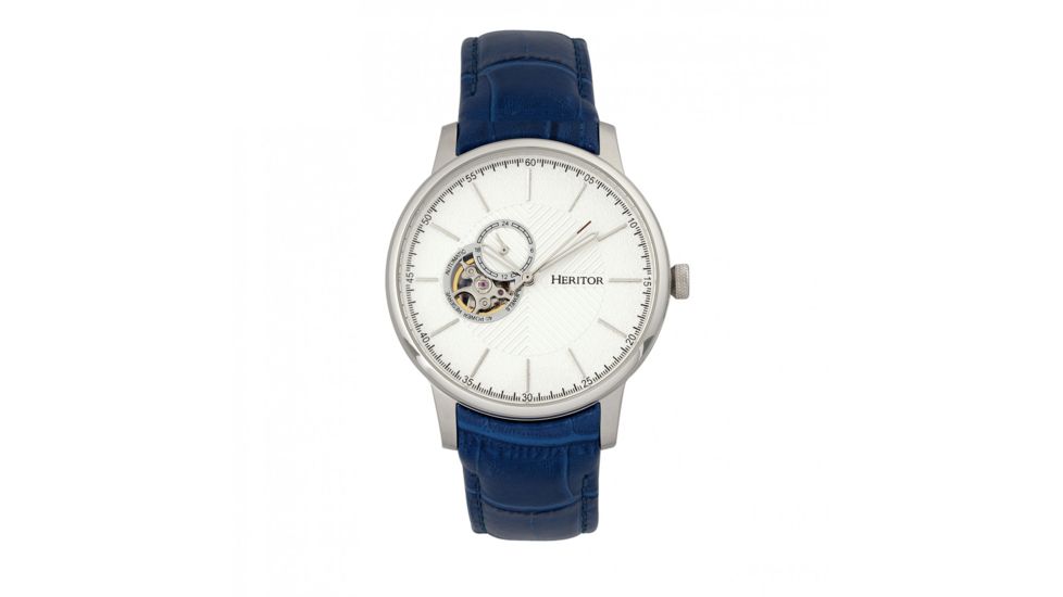 Heritor Automatic Landon Semi-Skeleton Leather-Band Watch, Silver/Blue, HERHR7704