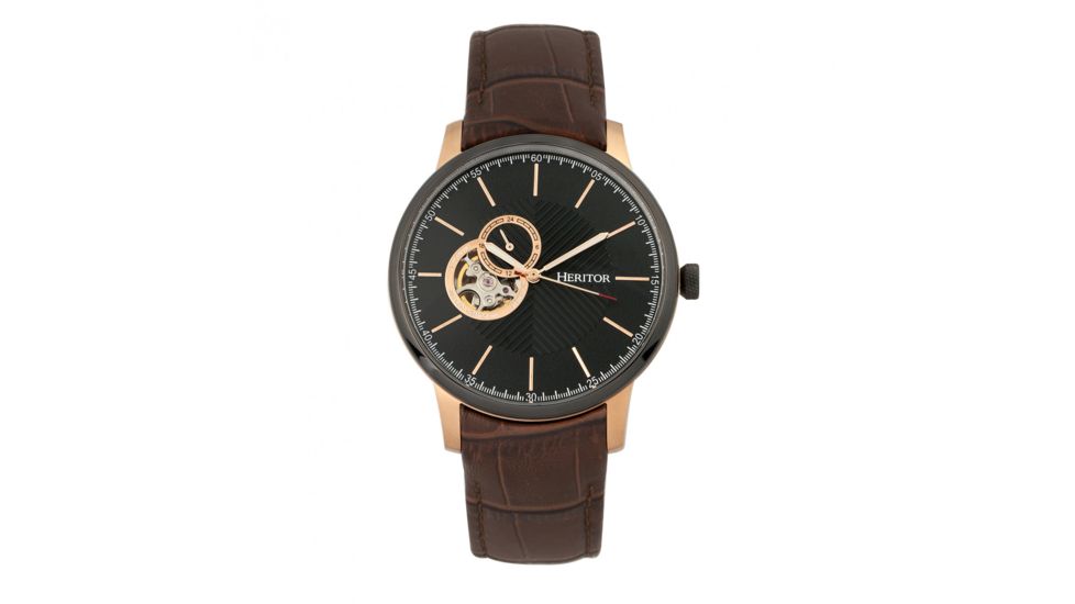 Heritor Automatic Landon Semi-Skeleton Leather-Band Watch, Rose Gold/Brown, HERHR7705