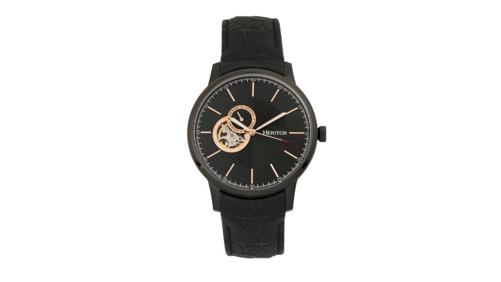 Heritor Automatic Landon Semi-Skeleton Leather-Band Watch, Black, HERHR7706