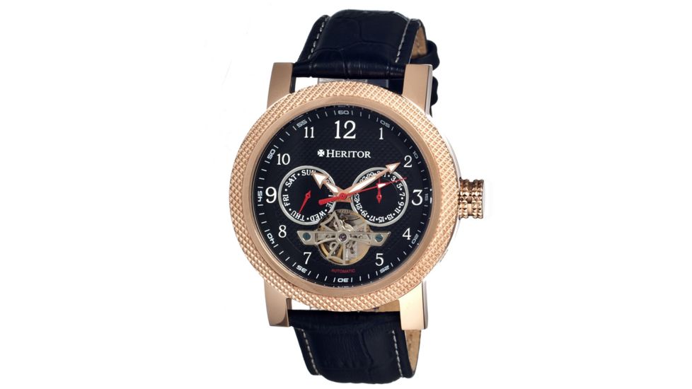 Heritor Millennial Mens Watch, Black Leather Band, Rose Gold Bezel, Black Analog Dial, Silver Hand HERHR1504
