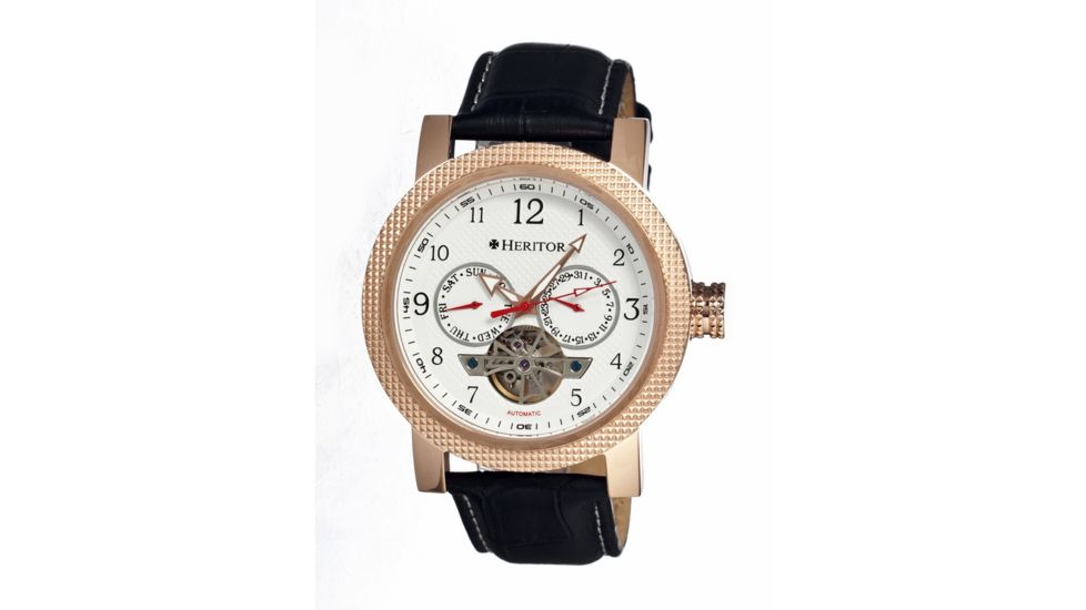 Heritor Millennial Mens Watch, Black Leather Band, Rose Gold Bezel, White Analog Dial, Silver Hand HERHR1503