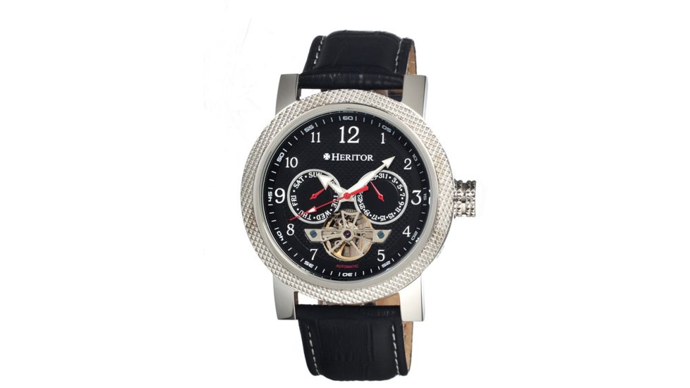 Heritor Millennial Mens Watch, Black Leather Band, Silver Bezel, Black Analog Dial, Silver Hand HERHR1502