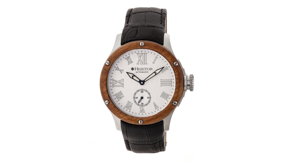 Heritor Montrichard Wood Bezel Leather-Band Watch, Silver, Standard HERHR4501