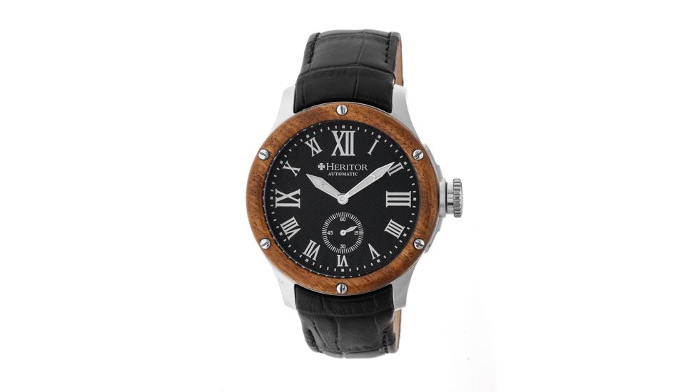 Heritor Montrichard Wood Bezel Leather-Band Watch, Silver/Black, Standard HERHR4502