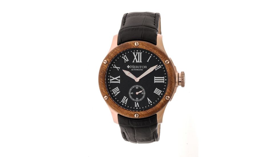 Heritor Montrichard Wood Bezel Leather-Band Watch, Rose Gold/Black, Standard HERHR4506