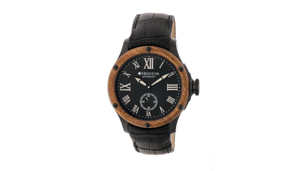 Heritor Montrichard Wood Bezel Leather-Band Watch, Black, Standard HERHR4507