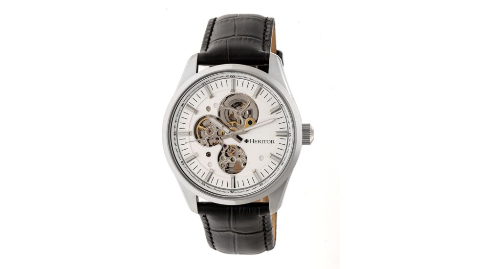 Heritor Stanley Semi-Skeleton Watch, Silver/Black HERHR6503