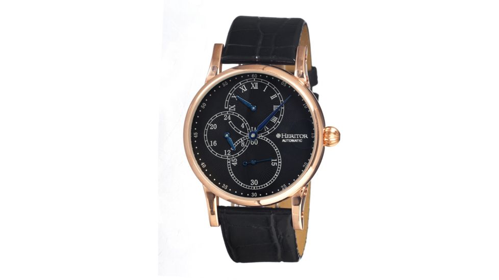 Heritor Thomson Mens Watch, Black Leather Band, Rose Gold Bezel, Black Analog Dial, Blue Hand HERHR1104