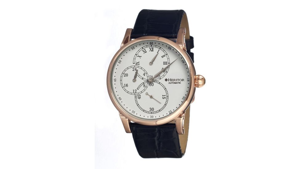 Heritor Thomson Mens Watch, Black Leather Band, Rose Gold Bezel, White Analog Dial, Silver Hand HERHR1103