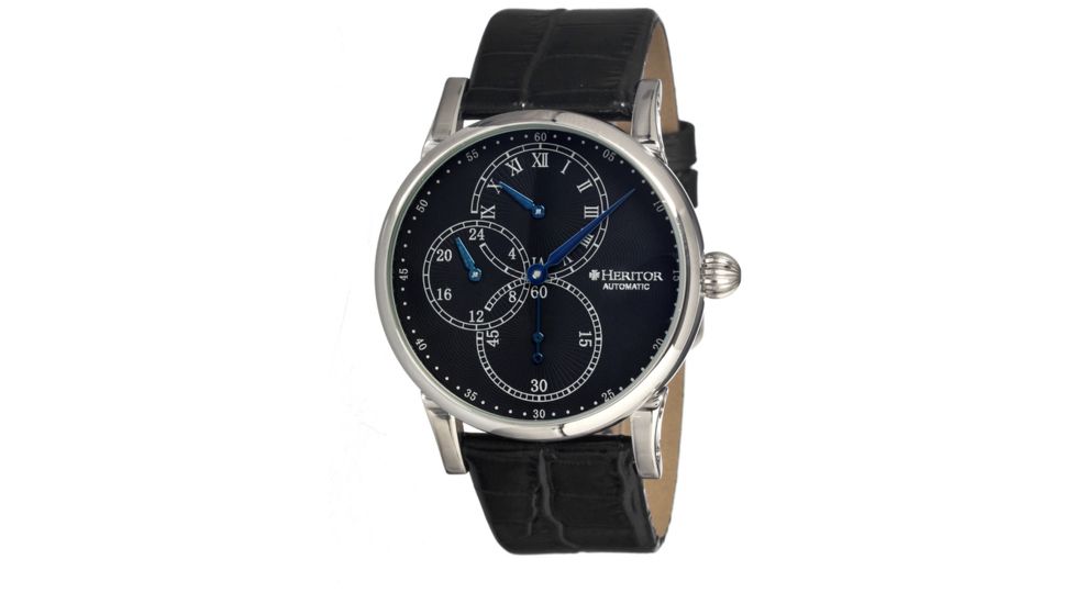 Heritor Thomson Mens Watch, Black Leather Band, Silver Bezel, Black Analog Dial, Blue Hand HERHR1102