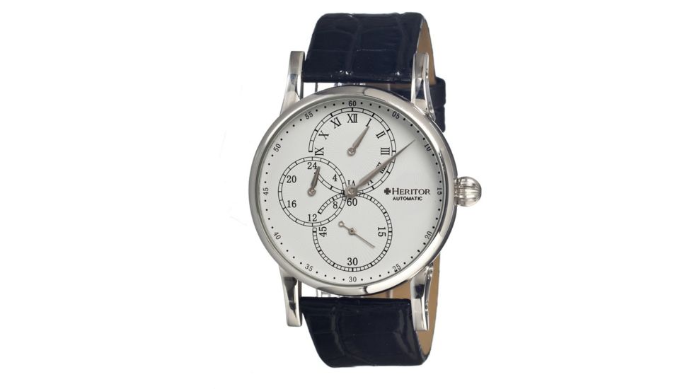 Heritor Thomson Mens Watch, Black Leather Band, Silver Bezel, White Analog Dial, Silver Hand HERHR1101