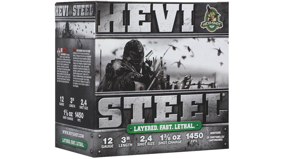 HEVI-Shot HEVI-Steel 12 Gauge 1 3/8oz 3in Shotgun Ammo, 2&amp;4 Shot, 25 Rounds, HS60024