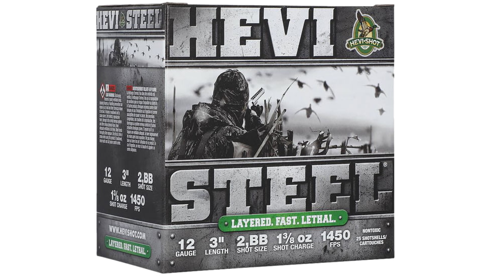 HEVI-Shot HEVI-Steel 12 Gauge 1 3/8oz 3in Shotgun Ammo, 2&amp;BB Shot, 25 Rounds, HS60288