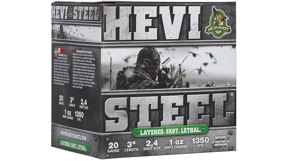 HEVI-Shot HEVI-Steel 20 Gauge 1oz 3in Shotgun Ammo, 2&amp;4 Shot, 25 Rounds, HS62024