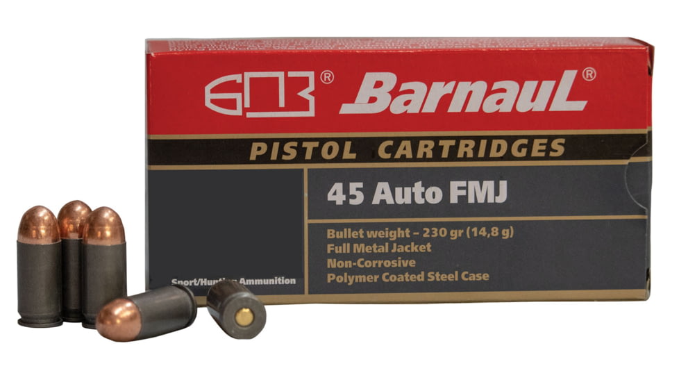 BarnauL .45 ACP 230 grain Full Metal Jacket Steel Cased Centerfire Pistol Ammo, 500 Rounds, BRN45AUTOFMJ230