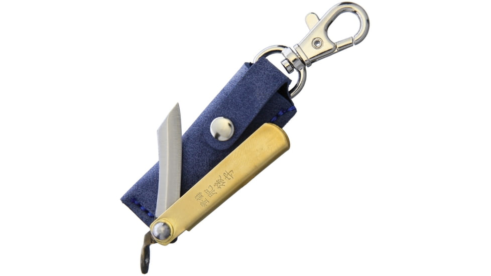 Higonokami SK Folder Brass Blue Sheath Folding Knife, 1.5in Satin Sk5 Carbon Steel Blade, Brass Handle, Slip Joint, Hrc 60, Blue Leather Sheath, NO. 1 W/ BLUE LEATHER CASE