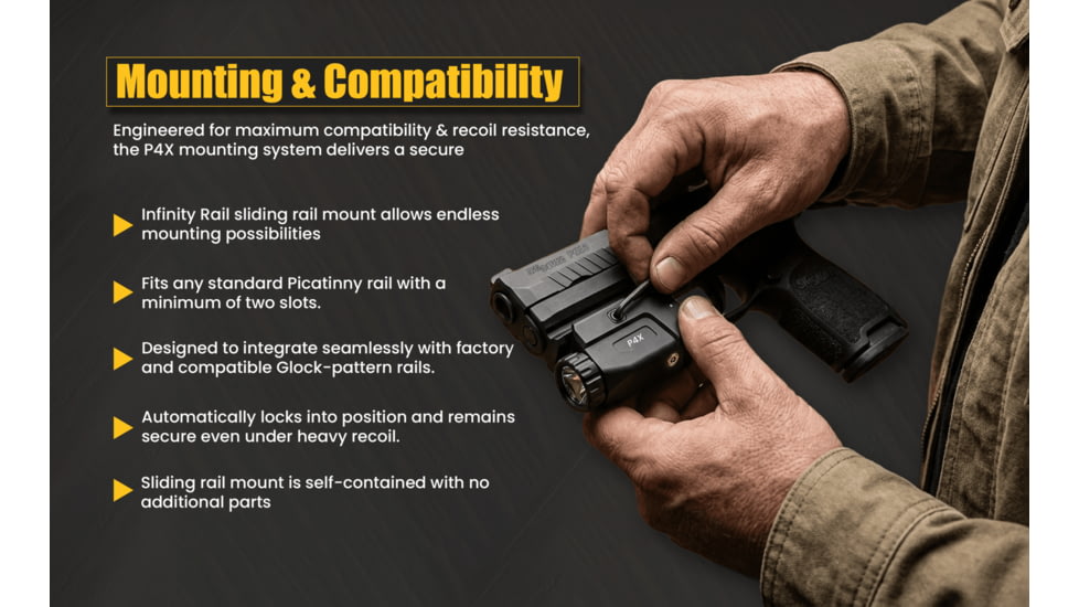 Hilight P4X 1150 Lumens LED Weapon Light, Lithium Ion, SIG Sauer P226, Springfield Armory XD-S, G 19, SIG Sauer P320, G 17, G 34, S&amp;W M&amp;P M2.0, Springfield Armory XD-M, Black, P4X