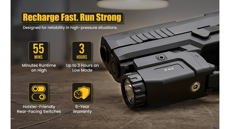 Hilight P4X 1150 Lumens LED Weapon Light, Lithium Ion, SIG Sauer P226, Springfield Armory XD-S, G 19, SIG Sauer P320, G 17, G 34, S&amp;W M&amp;P M2.0, Springfield Armory XD-M, Black, P4X