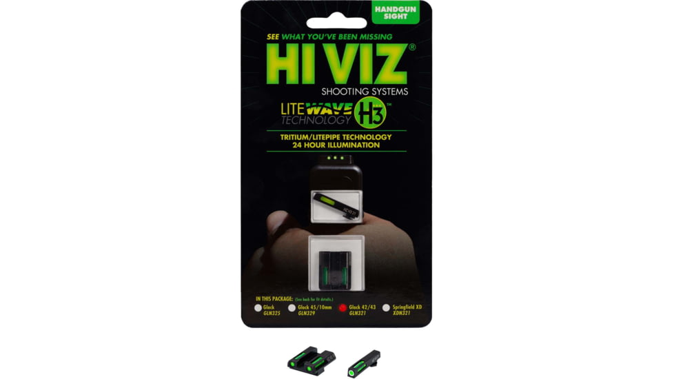 HiViz LiteWave H3 Tritium/Litepipe Pistol Night Sight Set - Fits Gen 1-5 Glock 42, Glock 43, Glock 43X &amp; Glock 48